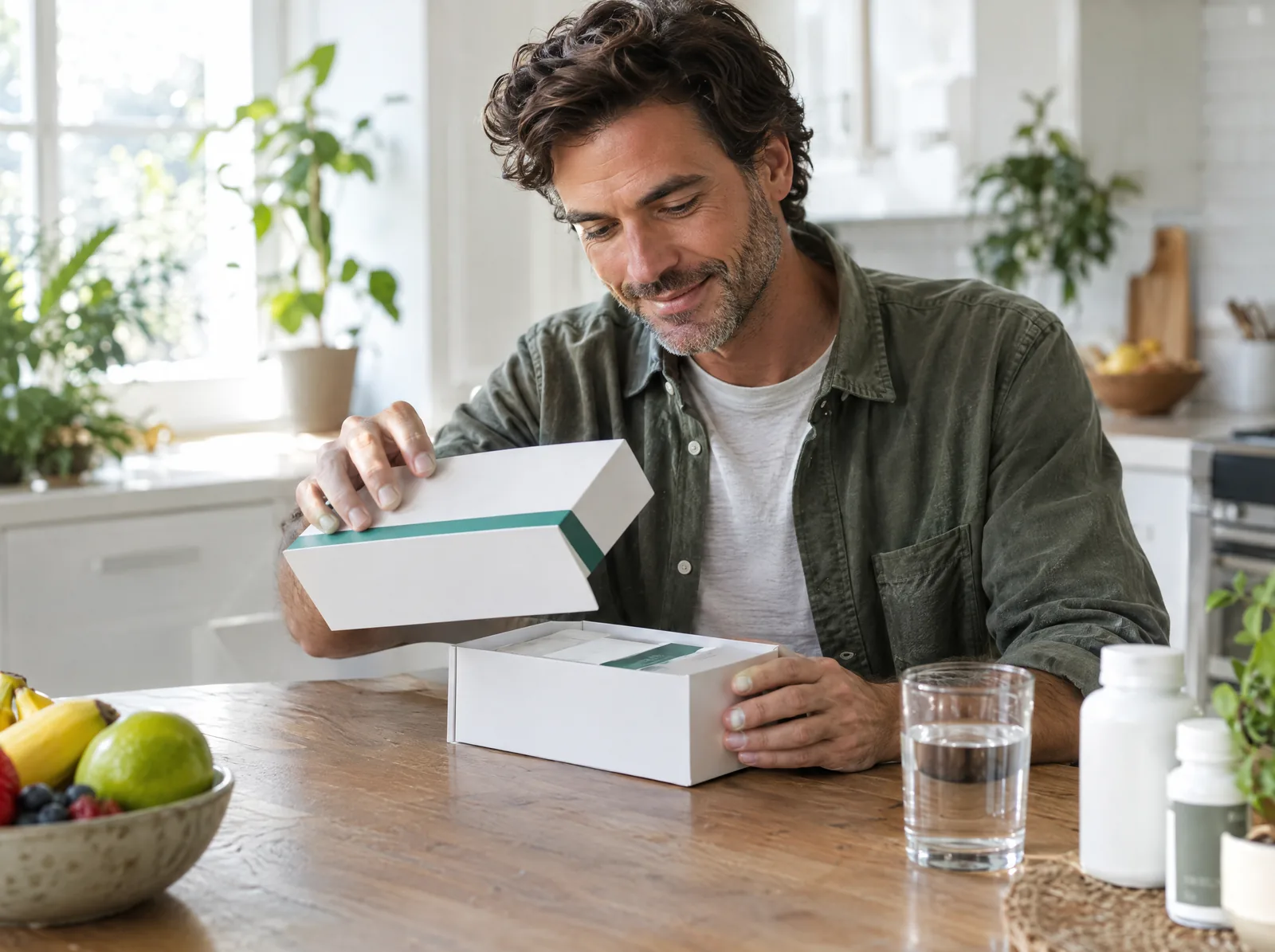 A man opening an at-home wellness test kit at a kitchen table beside fresh fruit