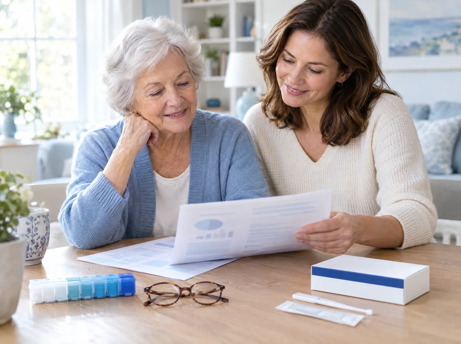 An older woman and her adult daughter reviewing a medication report beside a pill organizer and a cheek swab kit