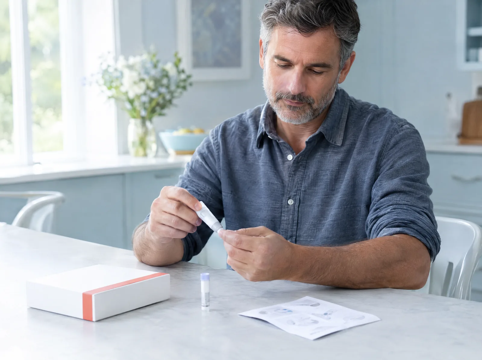 A man at a kitchen table using a small at-home blood collection device